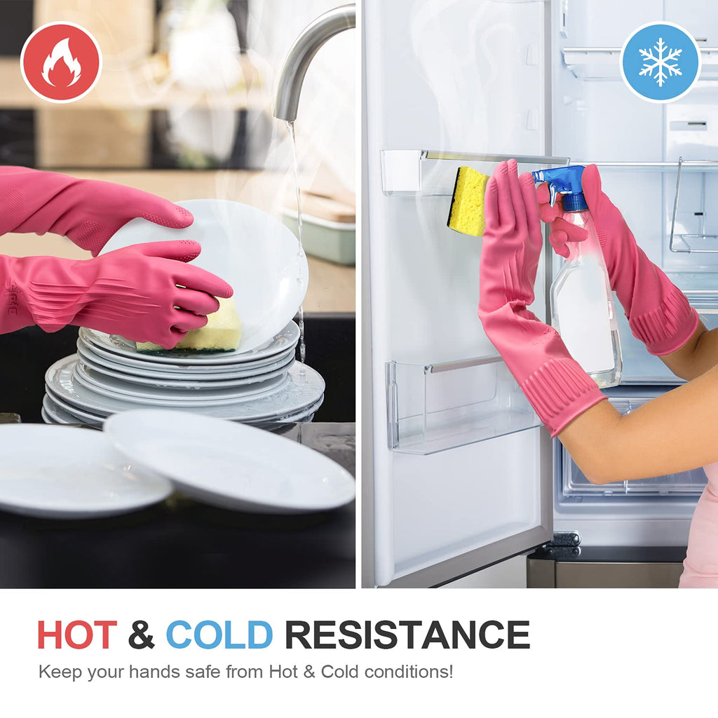 Mamison 2 Pairs Reusable Waterproof Household Dishwashing Cleaning Rubber Gloves, Non-Slip Kitchen Glove (Pink