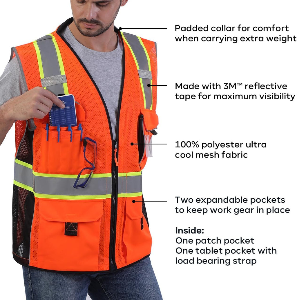 Heavy Duty ANSI Reflective Safety Vest with Pockets Orange Mesh XL | Made with 3M Reflective Tape, High Visibility