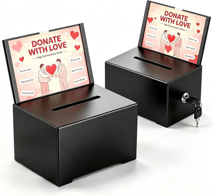 Metal Donation Box with Lock, Black Tip Jar with Sign Holder, Suggestion Box for Fundraising, Donation, Bar, School