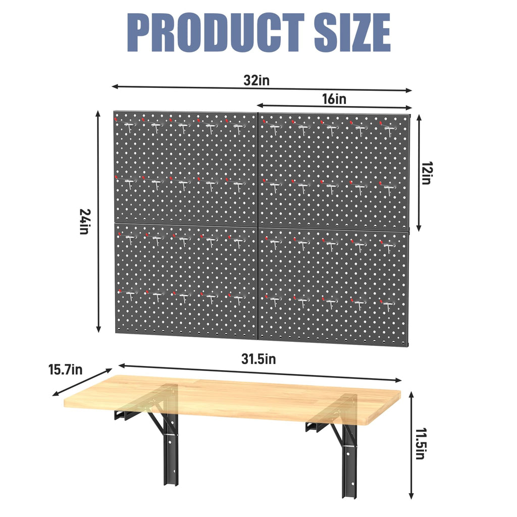Wall Mount Folding Workbench with Pegboard Kit, Size: 31.5x15.75 in