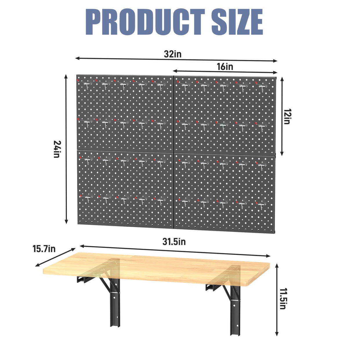 Wall Mount Folding Workbench with Pegboard Kit, Size: 31.5x15.75 in