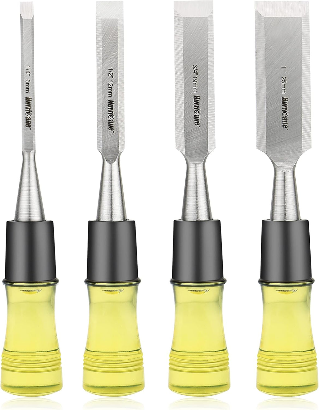 4 Piece Wood Chisel Set for Woodworking. CR-V Steel Beveled Edge Blades with Safety Caps. Extra Large Grip
