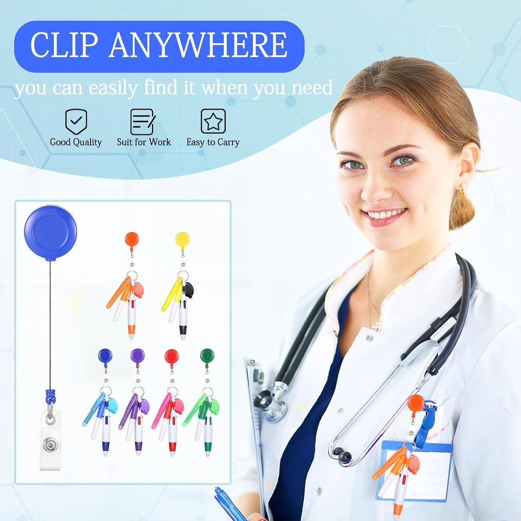 30 Pcs Retractable Shuttle Pen Clip with Mini Highlighter Nurse Badge Pen Neon Marker LED Keychain Ring Clip