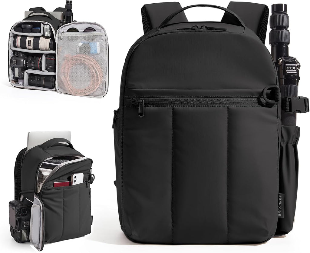 Small Camera Backpack for Women with Laptop Compartment, Black | Puffy Camera Bags for Photographers