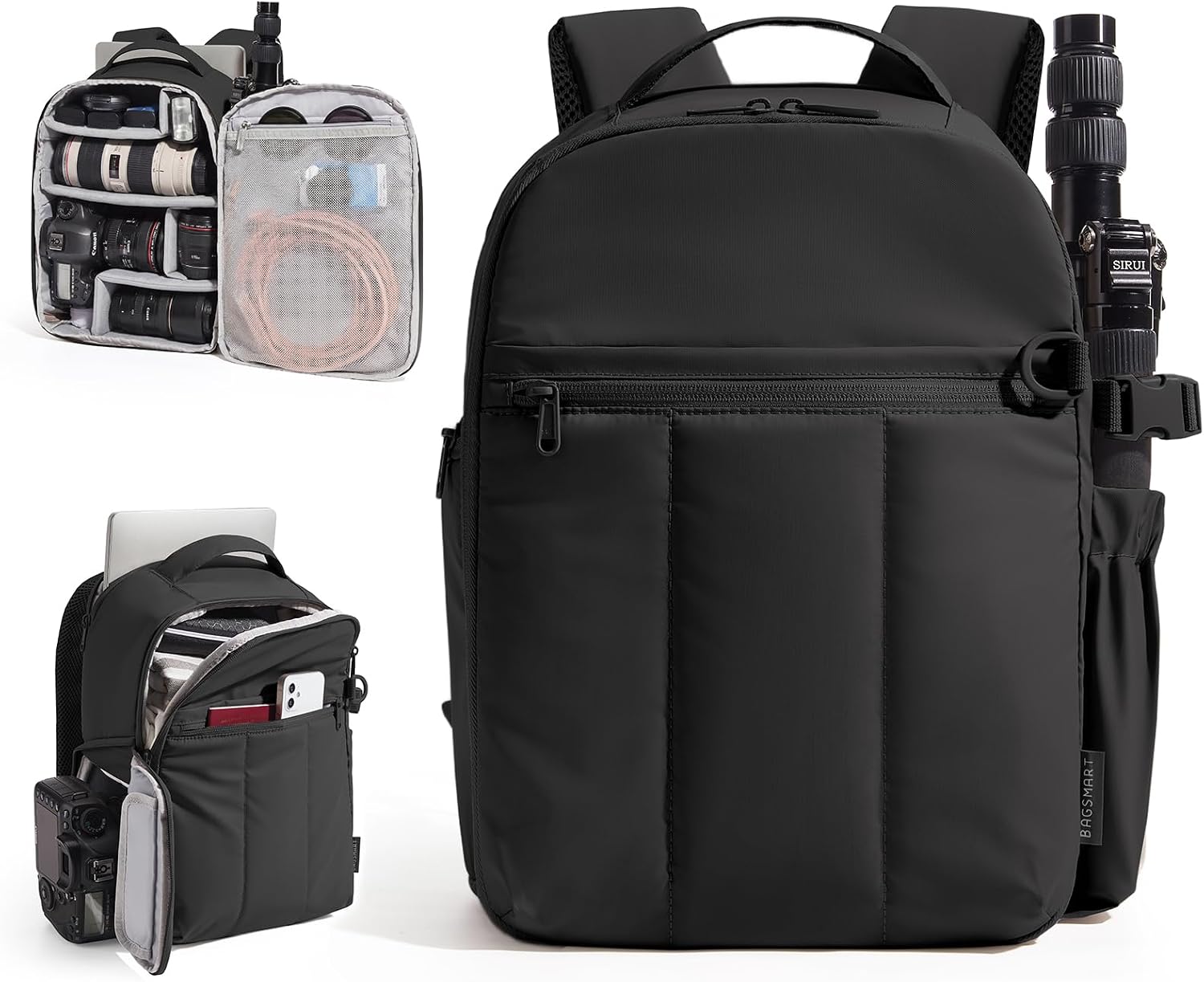 Small Camera Backpack for Women with Laptop Compartment, Black | Puffy Camera Bags for Photographers