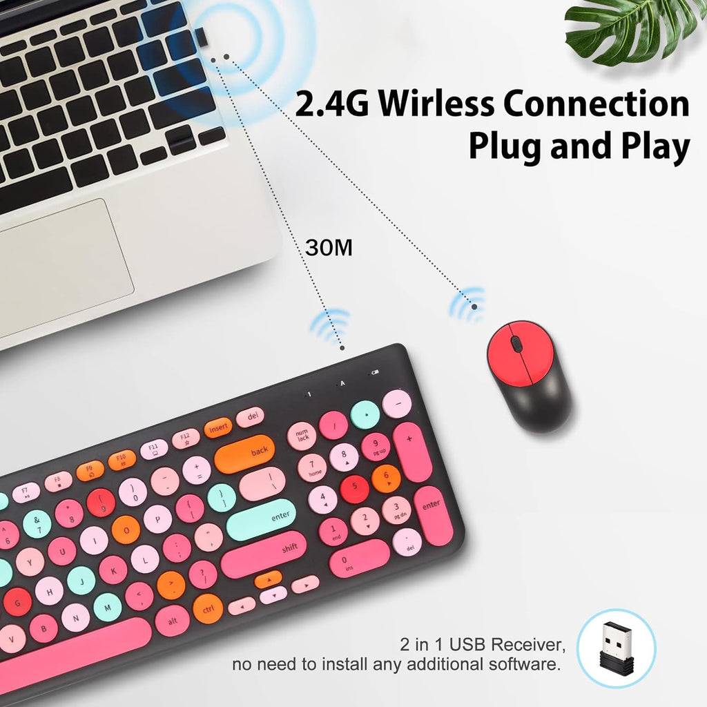 Wireless Keyboard and Mouse Combo, Retro Typewriter Keyboard with Round Keycaps, 2.4GHz USB Cute Wireless Keyboard