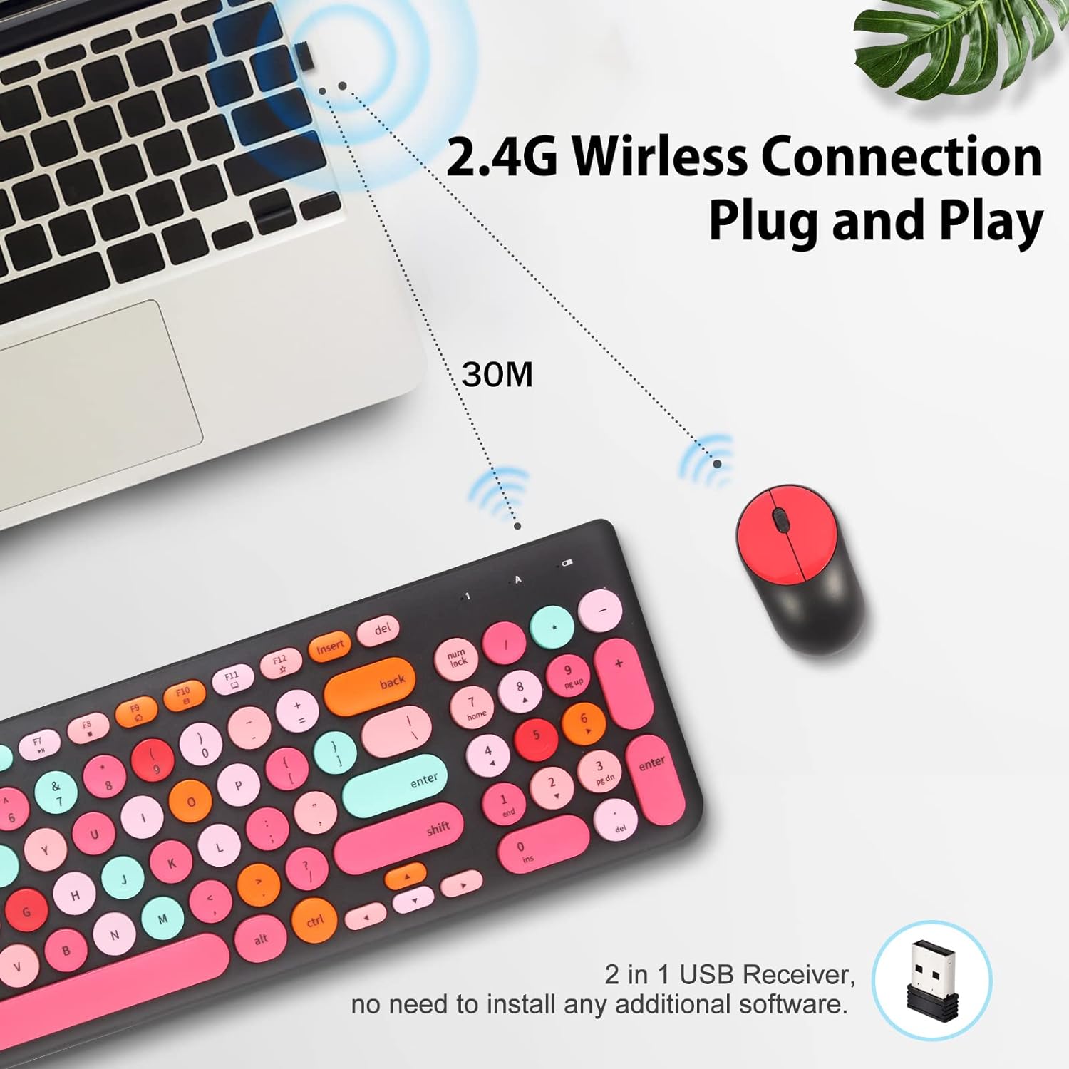 Wireless Keyboard and Mouse Combo, Retro Typewriter Keyboard with Round Keycaps, 2.4GHz USB Cute Wireless Keyboard
