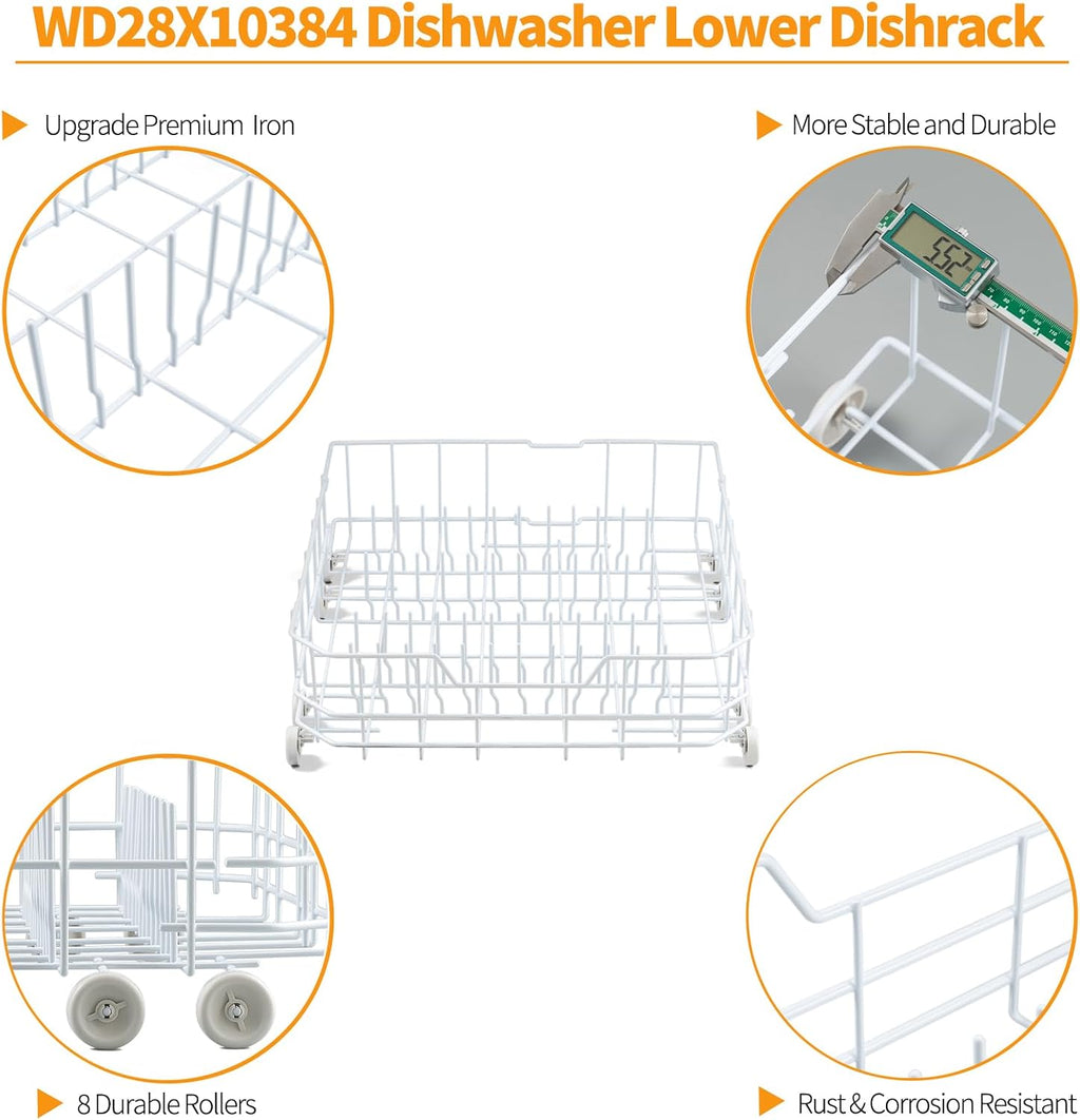 Upgraded WD28X10384 Dishwasher Lower Rack Replacement Parts for GE Dishwasher Parts Bottom Rack GLD5600V00BB GLD4560R00SS GE Dishwasher Rack Lower Dishrack Assembly Bottom Dish Rack 8 Rollers