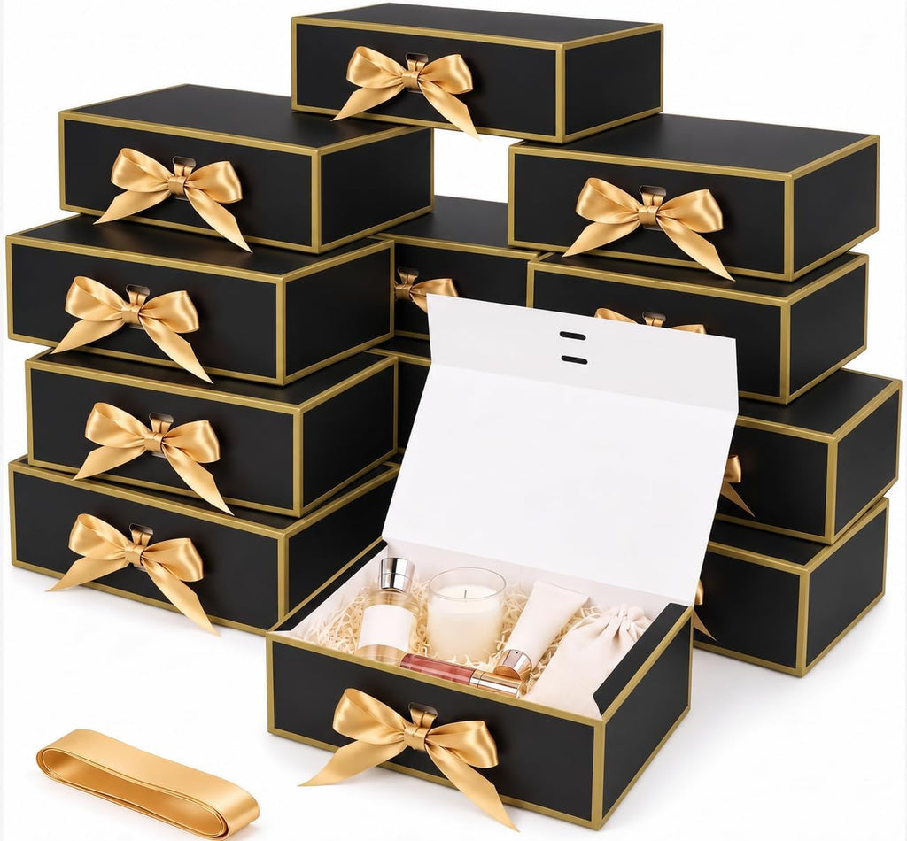 12 Pack Gift Boxes with Lids, Black Boxes for Gifts, 9.5x7x3 in