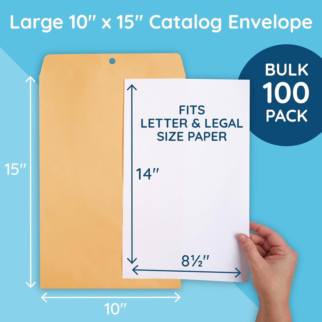 100 10" x 15" Kraft Clasp Envelopes, Gummed Seal