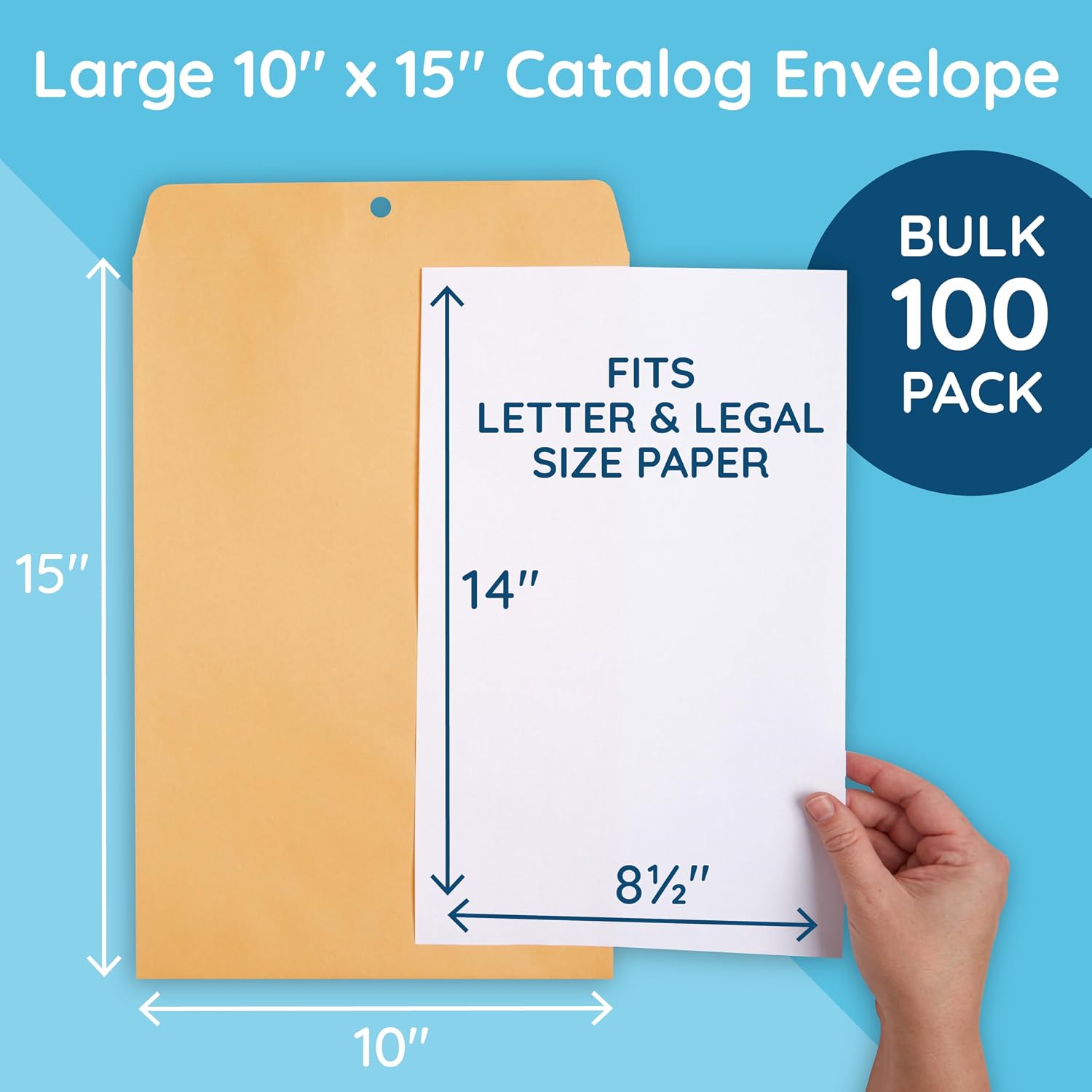 100 10" x 15" Kraft Clasp Envelopes, Gummed Seal