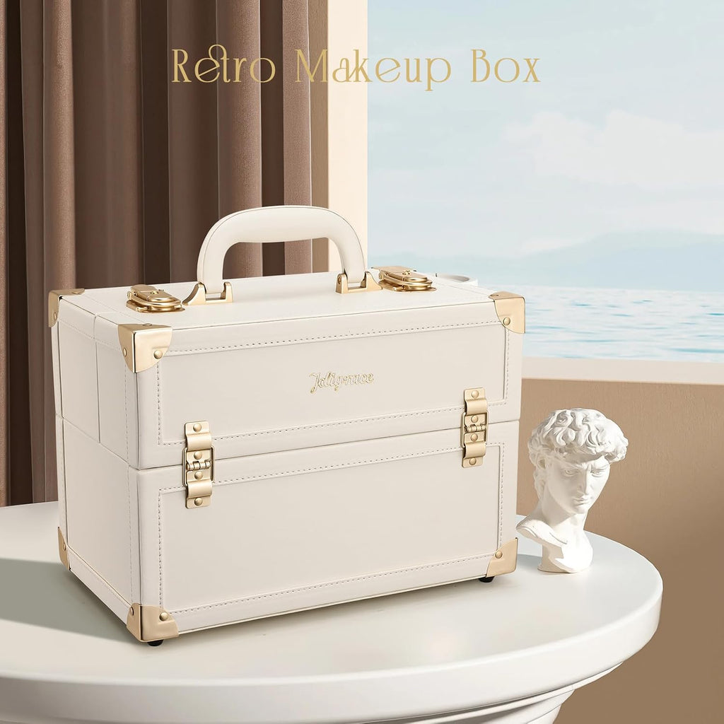 Makeup Train Case Large Portable Cosmetic Makeup Storage Box Organizer Lockable with 4 Tray Compartments Retro