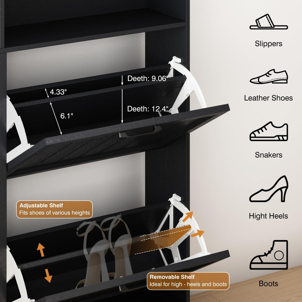 Hidden Shoe Storage Cabinet with 4 Flip Drawers & Open Storage