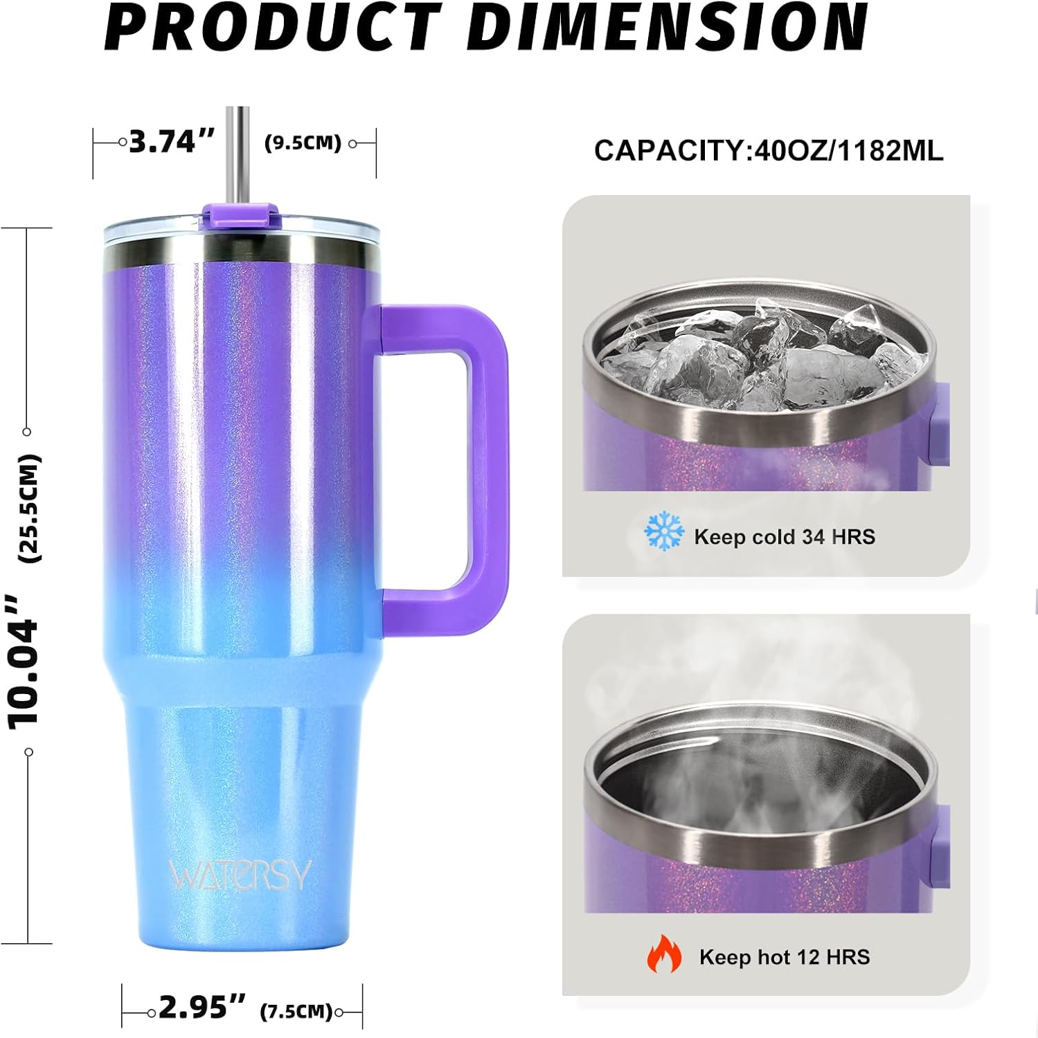 40 oz Shiny Tumbler with Handle and Straw,Stainless Steel Tumbler with Lid and Straw,Insulated Travel Mug(Cold for 34