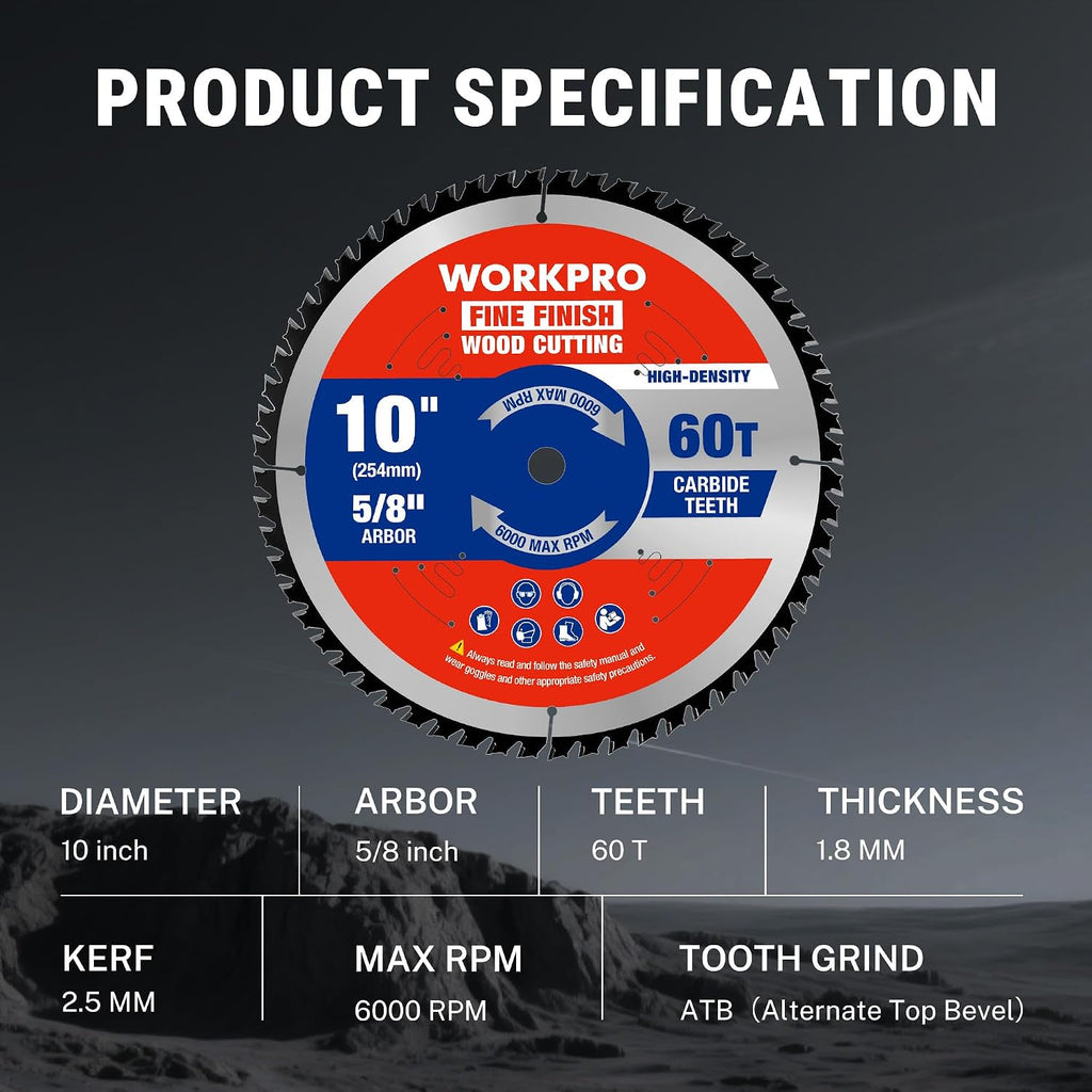 10" Circular Saw Blade, 60T Fine Finish Wood Cutting | Thin Kerf Carbide Tipped ATB Teeth for Plywood, Trim & Smooth