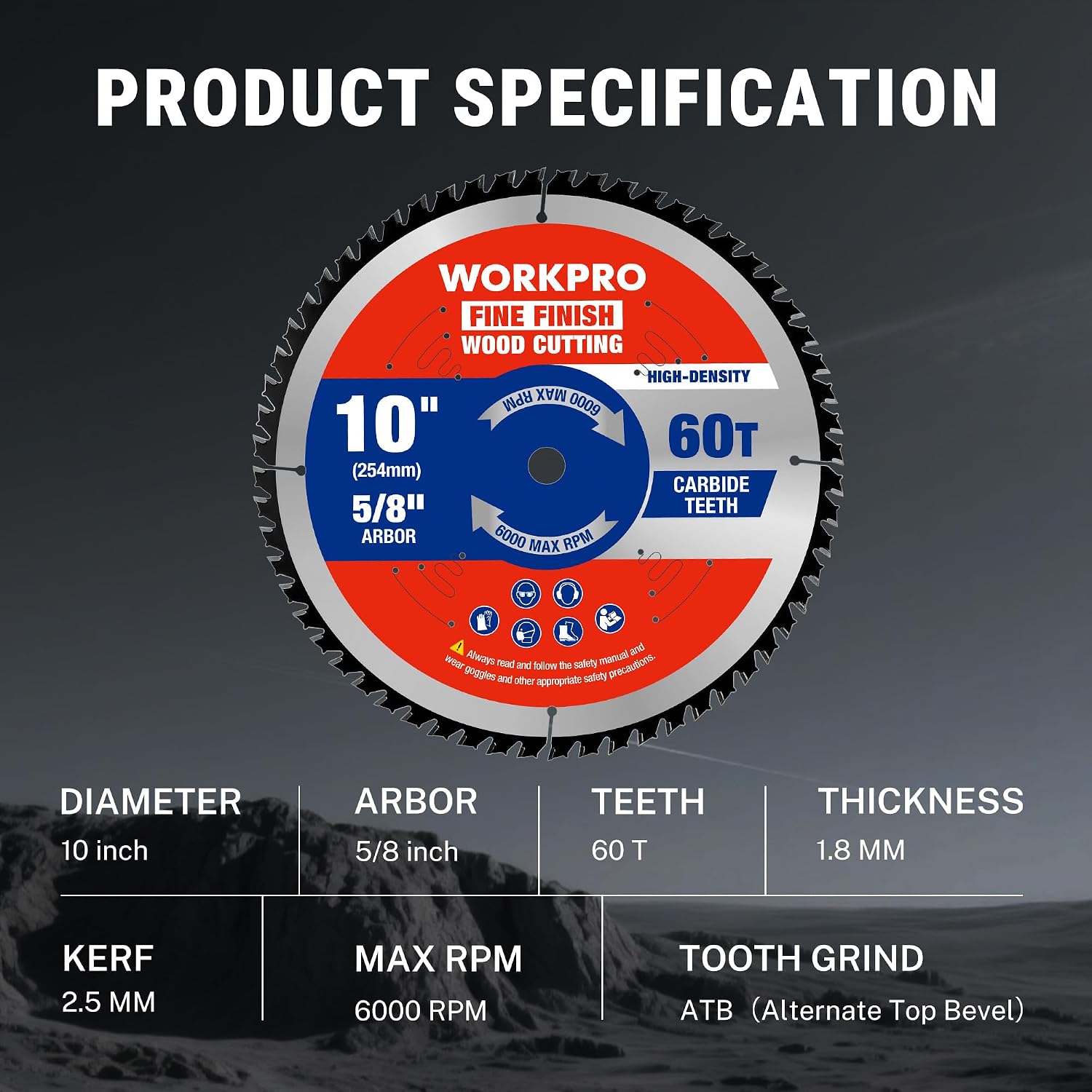10" Circular Saw Blade, 60T Fine Finish Wood Cutting | Thin Kerf Carbide Tipped ATB Teeth for Plywood, Trim & Smooth