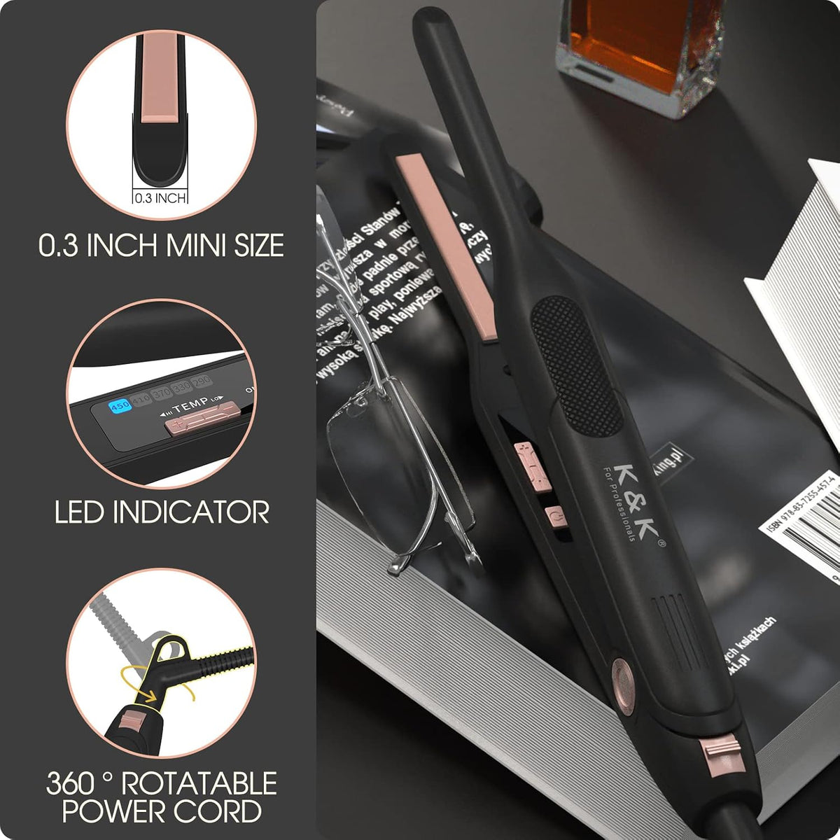 3/10" Mini Flat Iron for Short Hair Small Straightener for Pixie&Beard | 3/10" ULTRA-SLIM PLATES Extra-narrow ceramic