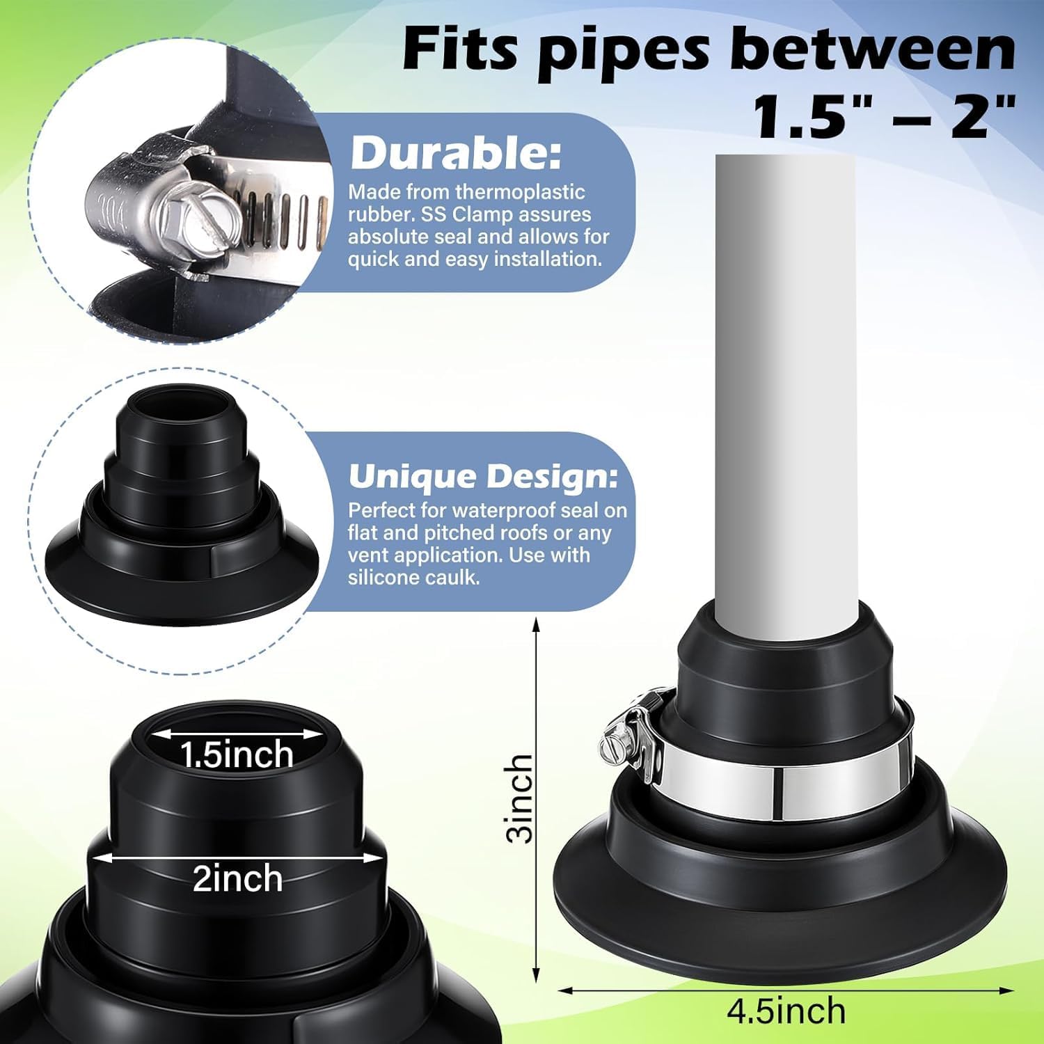 Roof Collar Repair Boot Vent Flashing for 1.5"–2" Pipe — Durable Thermoplastic Rubber Roof Vent Flashing with