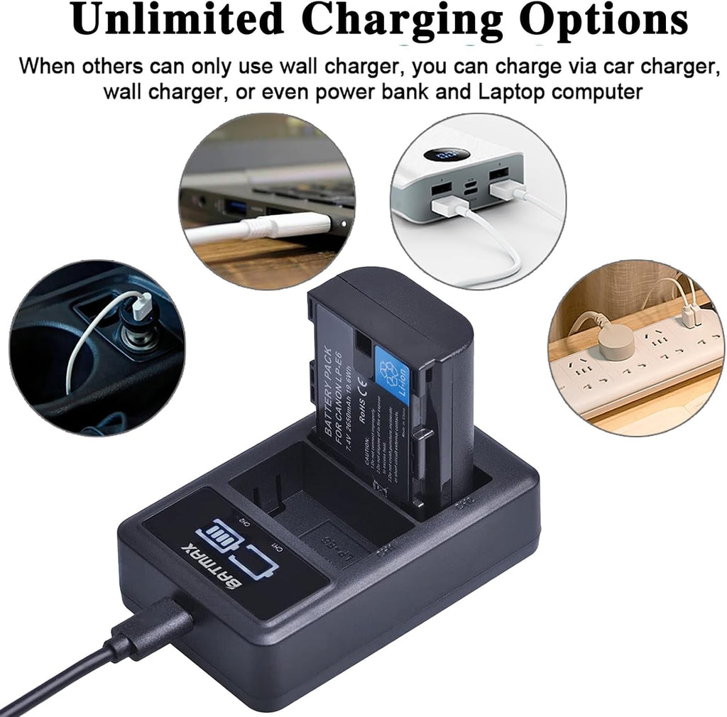 2Pcs 2650mAh LP-E6 LP-E6N Battery + LED Dual Charger for Canon EOS R, R5, R6, Ra, XC10, XC15, 5D Mark II/III/IV, 5DS