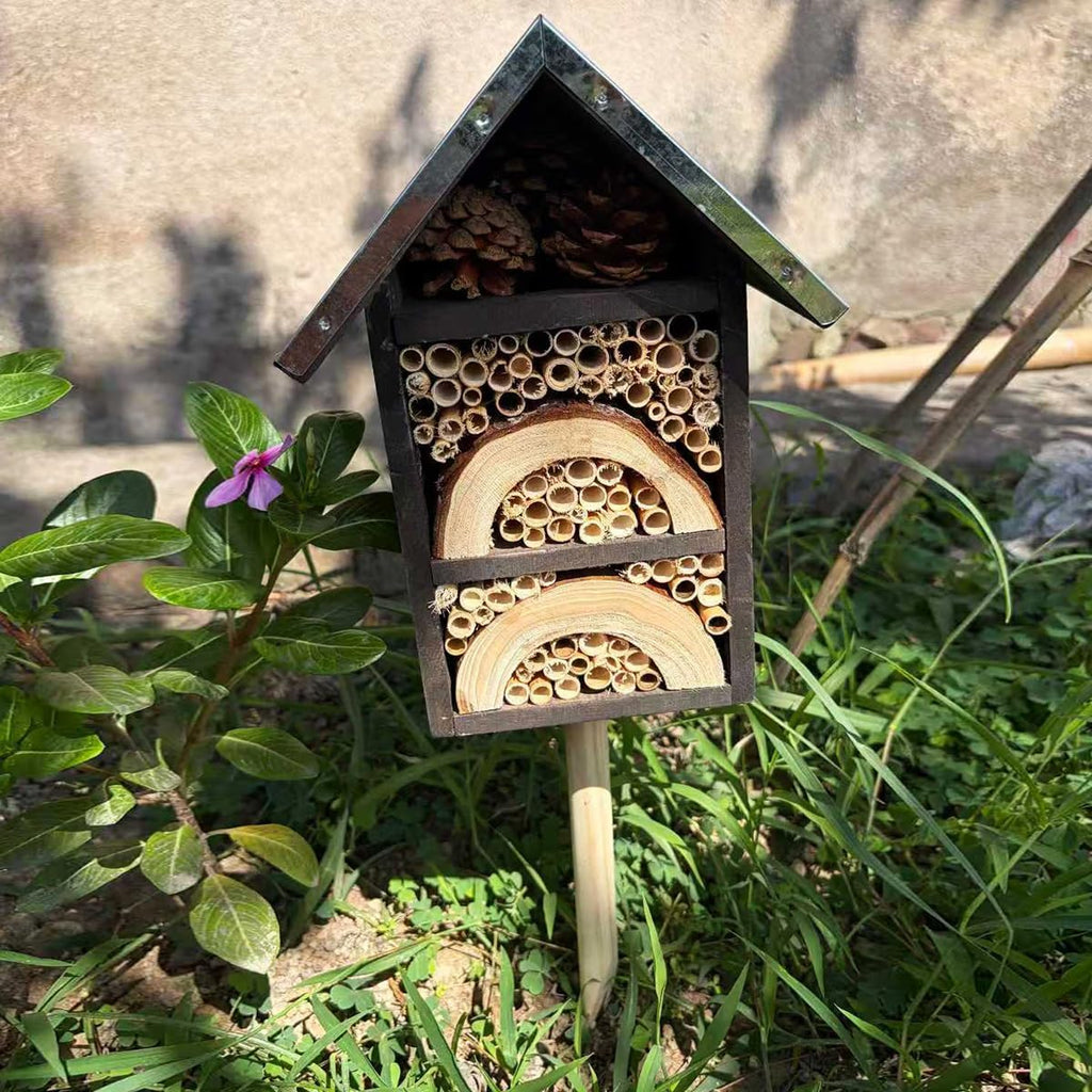 Wooden Insect Hotel with Ground Stake, Metal Roof Mason Bee House, Natural Bamboo Bug Habitat for Butterflies