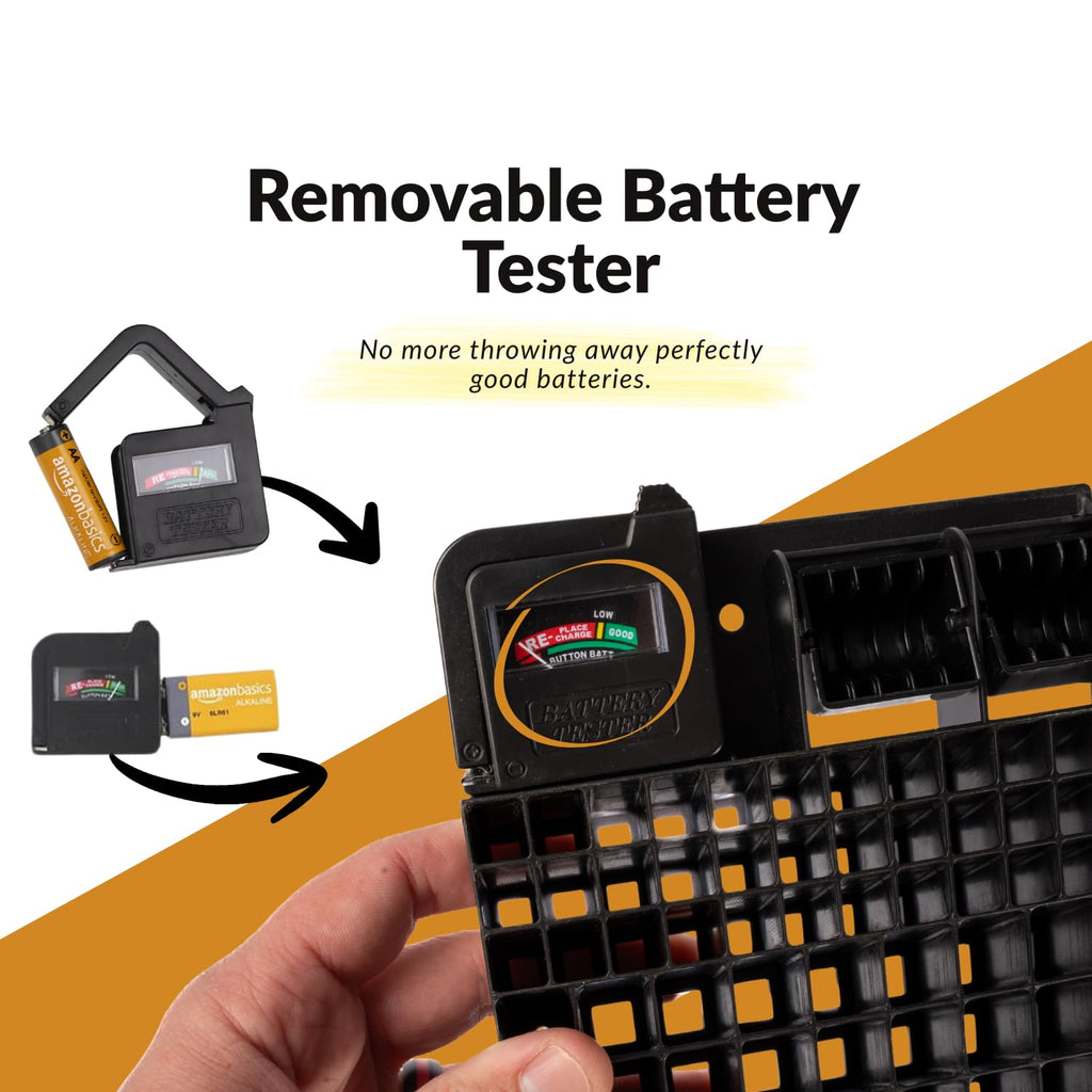 Battery Organizer w/Tester for AA, AAA, 9V, C, D, Button Batteries | Wall or Drawer Battery Storage Box with Tester