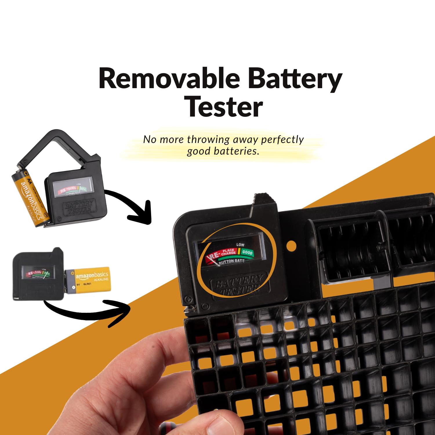 Battery Organizer w/Tester for AA, AAA, 9V, C, D, Button Batteries | Wall or Drawer Battery Storage Box with Tester