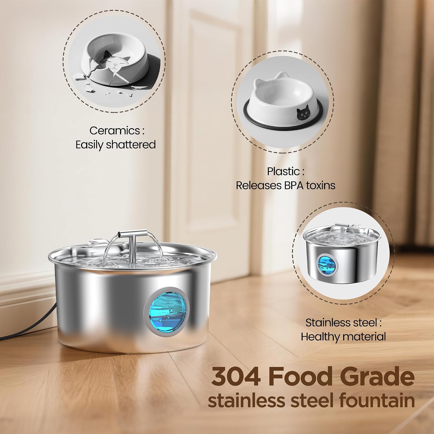 Cat Water Fountain Stainless Steel: 2.6L Cat Fountain for Drinking - Pet Water Fountain for Cats Indoor - Automatic