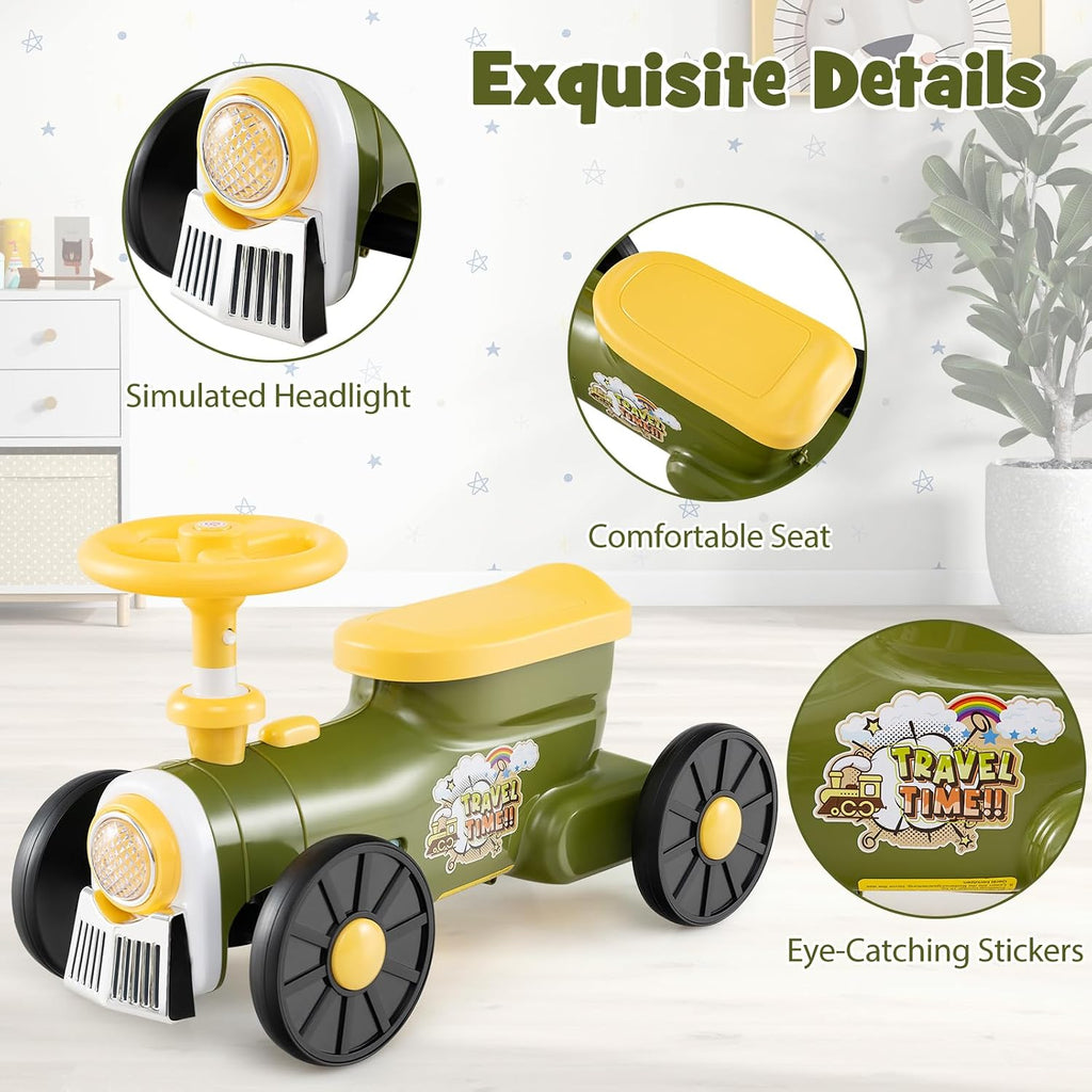 Ride On Push Car, Retro Kids Riding Toy with Steering Wheel, Train Whistle Sound & Under Seat Storage, Foot-to-Floor