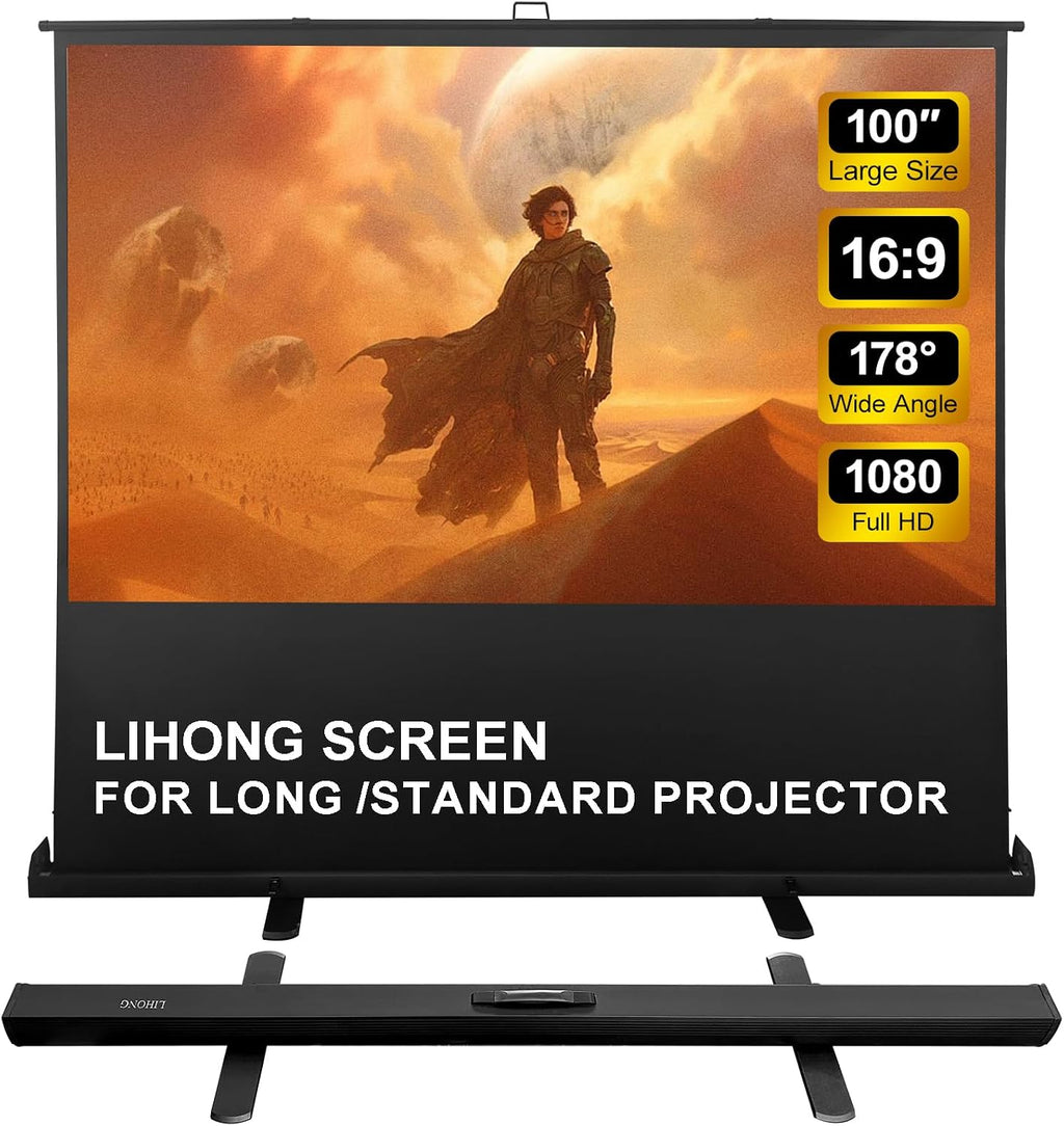 Screen 100 inch 16:9 Portable Manual Pull Up Floor Rising Projector Screen Indoor & Outdoor HD Matte White for Long