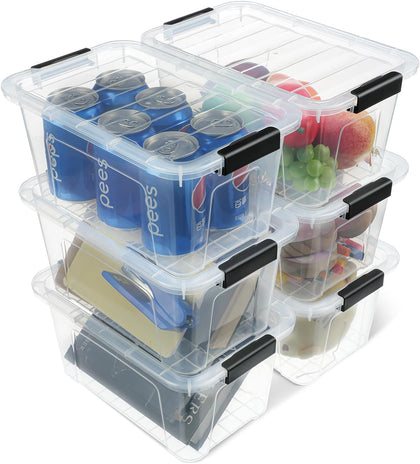 Plastic Storage Bins with Lids 6 Pack, 7 Quart Storage Containers With Black Buckle Latch, Stackable Storage