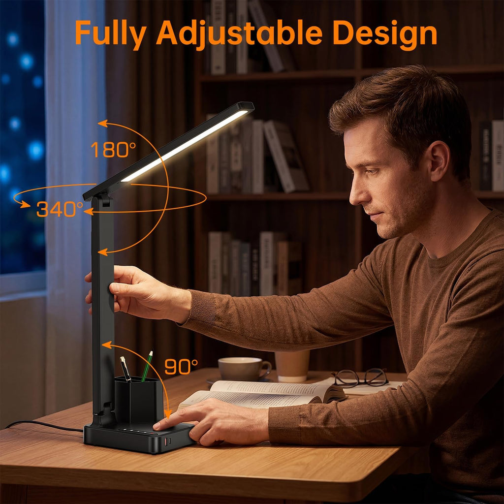 LED Desk Lamp USB A/C AC Pen Holder Dorm Home Office Desk Light Black | Adjustable LED Desk Light with USB A/C, AC