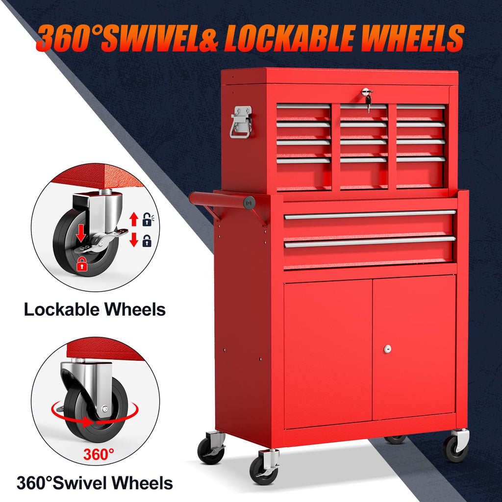 10-Drawer Rolling Tool Chest with wheels, Lockable 2-in-1 Tool Box
