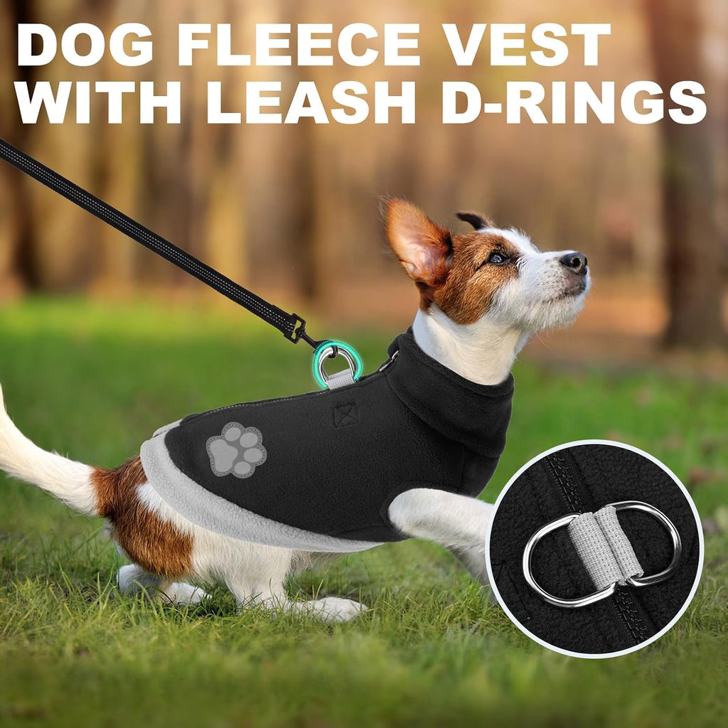 Dog Fleece Vest Sweater Zip Up Warm Pullover Step-in Dog Jacket with Dual D-Ring Leash, Winter Cold Weather