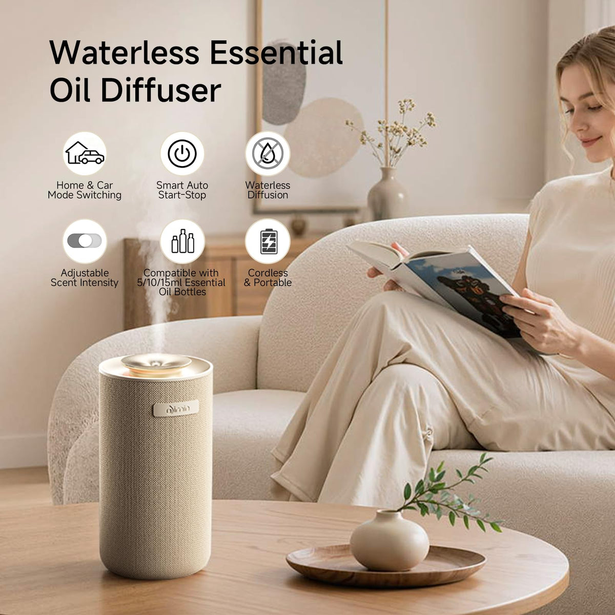 Waterless Essential Oil Diffuser for Home & Car, Cordless Scent Diffuser