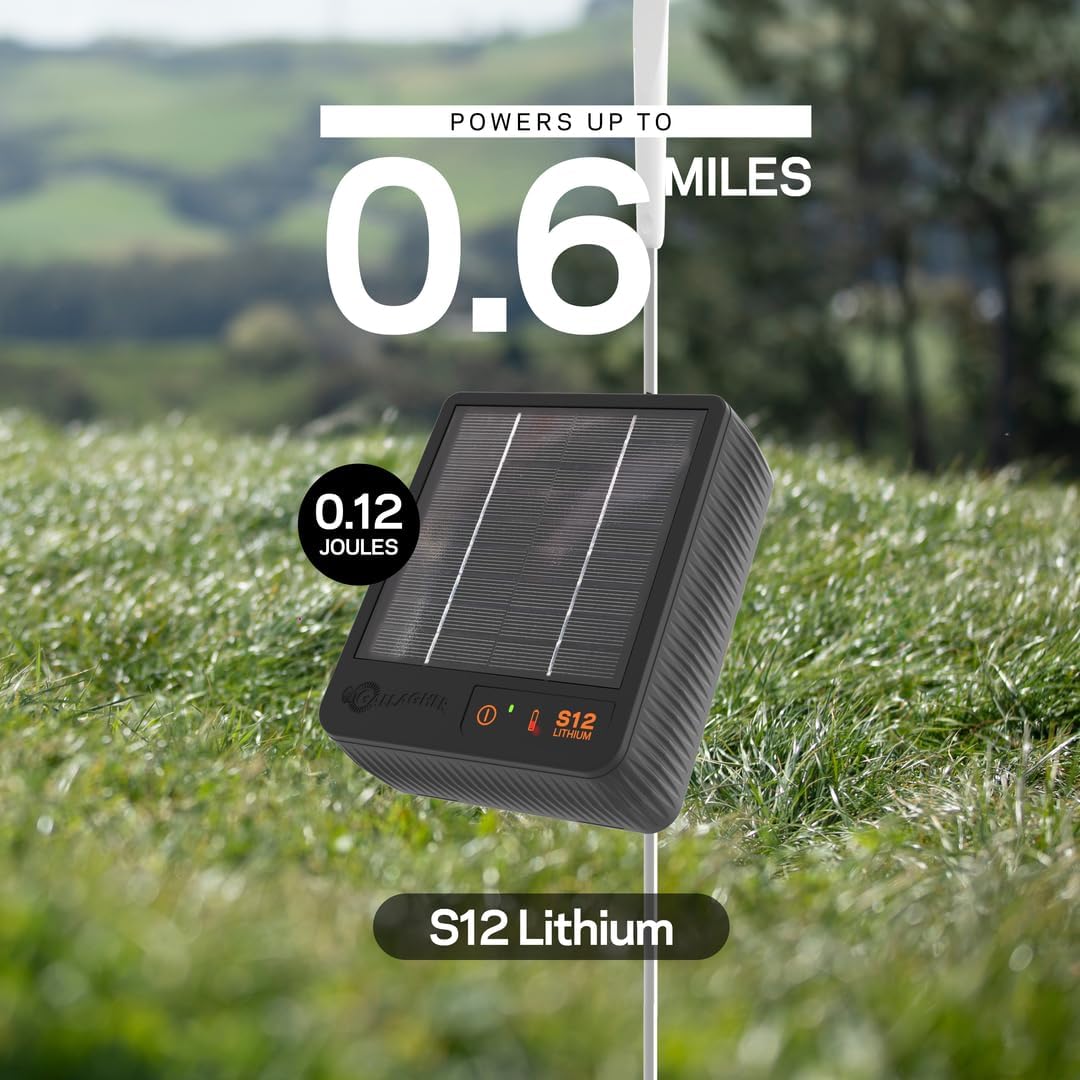 S12 Solar Fence Charger | Solar Electric Fence Energizer | 4 Miles of Protection | For Livestock, Goats, and Small