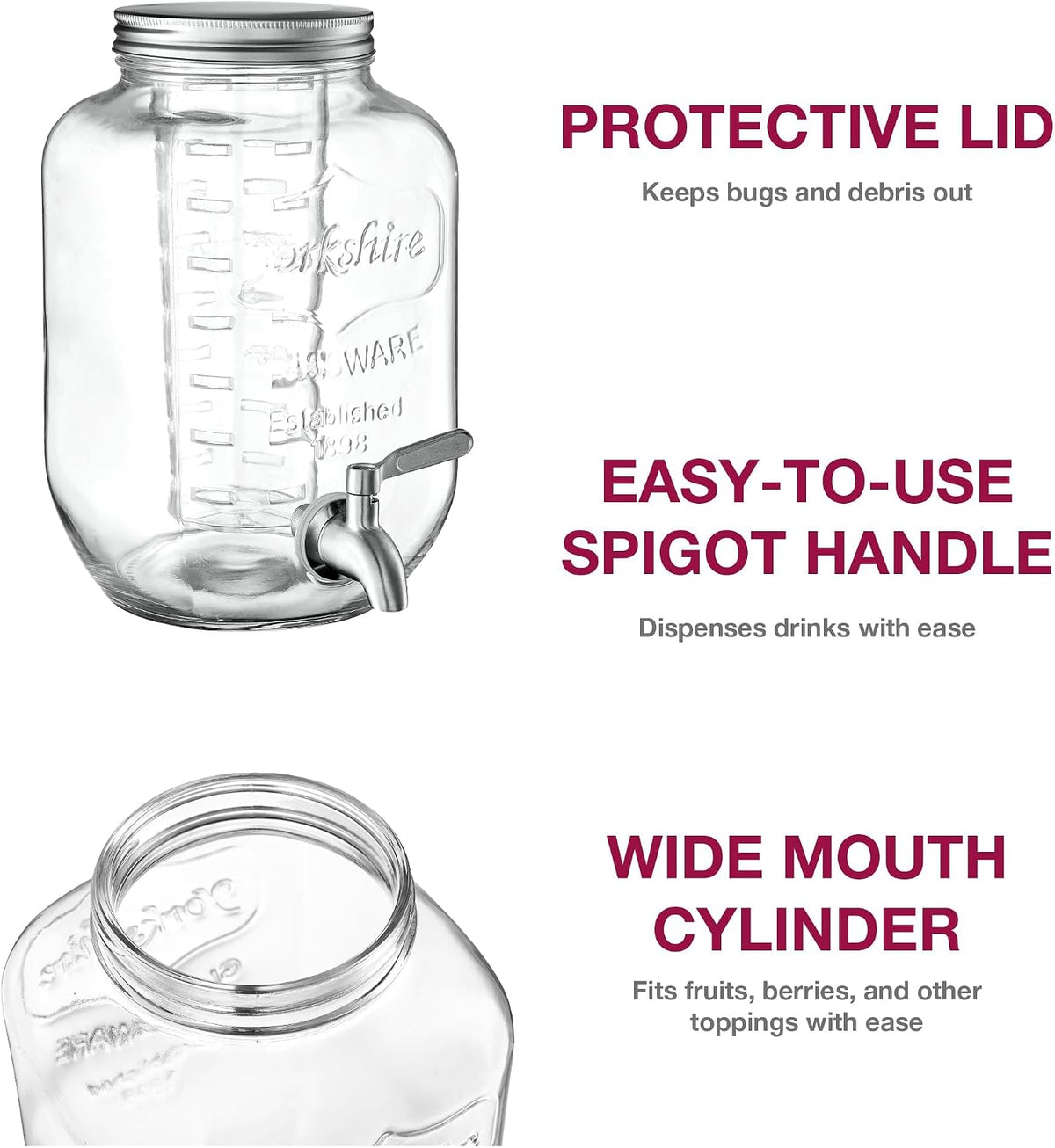 Glass Drink Dispenser with Stand, Steel Spigot, 1 Gallon, 2-Pack