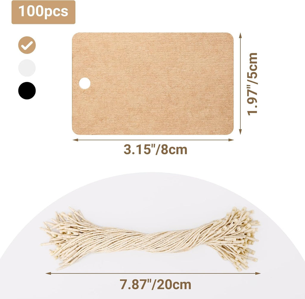 Gift Tags with String Attached, 100 Pcs 1.9"x3.1" Brown Sale Price Tag, Rectangular Blank Kraft Paper Bags Marking