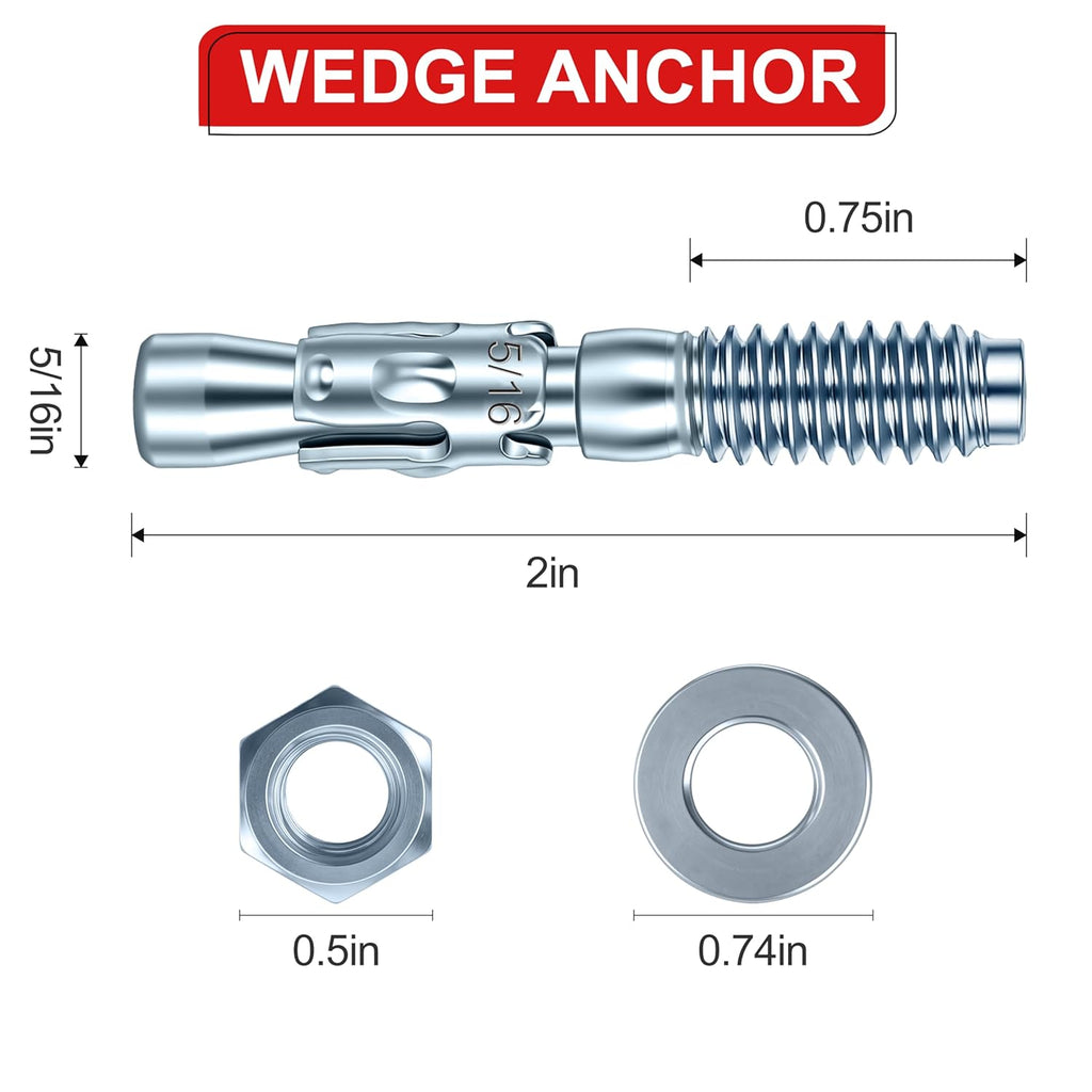 5/16 x 2 in Wedge Anchors 12 pcs Galvanized Concrete Anchors | Concrete Screw and Anchor Kit, Concrete Wall Anchors