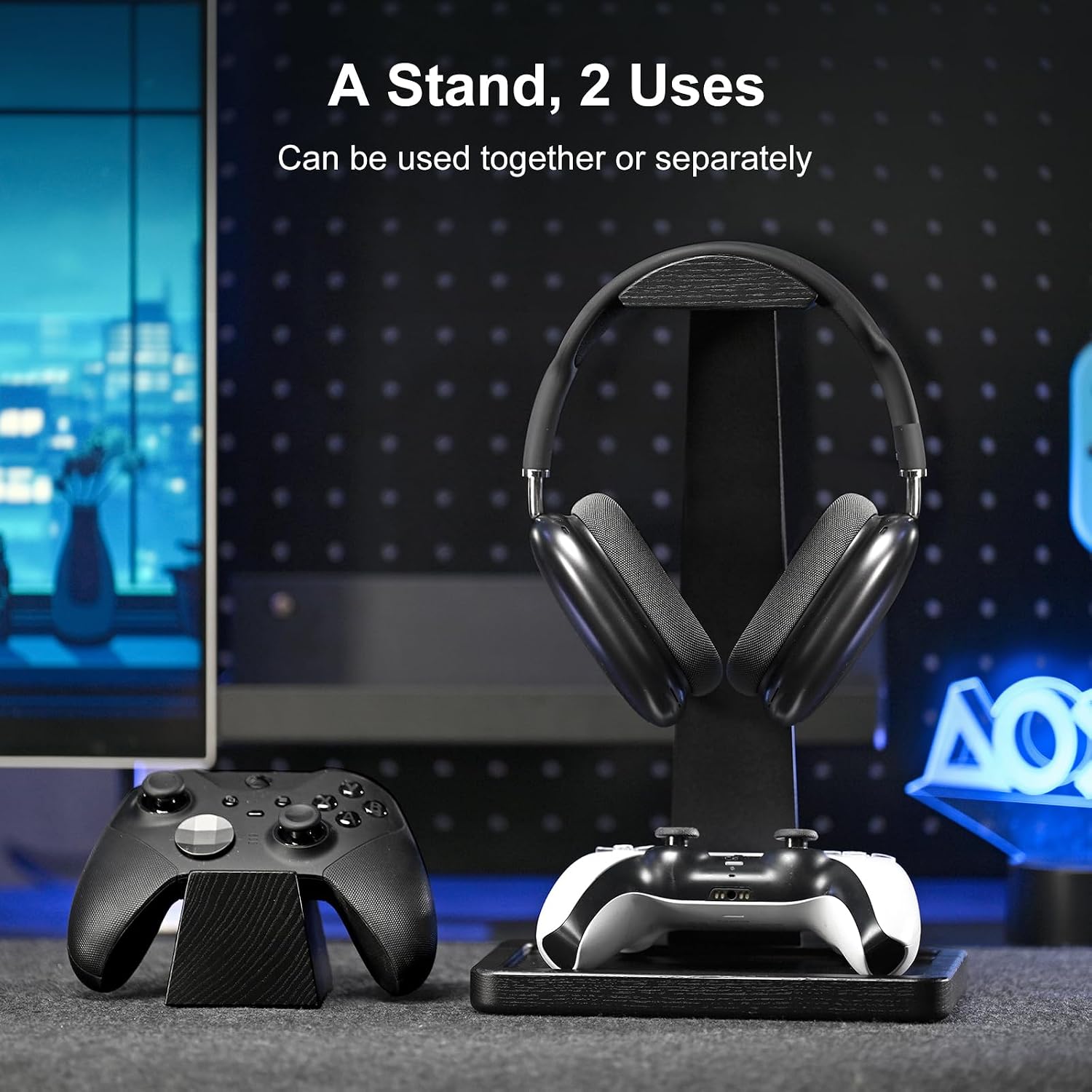Solid Wood Headphone Stand with Controller Holder for Desk | Natural Solid Wood, Holds 1 Headset & 1 Controller