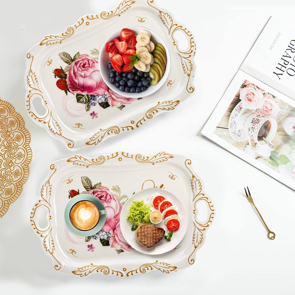 3-Pack Melamine Serving Tray, Stackable Food Tray with Handles for Eating, Unbreakable Large Serving Platter with