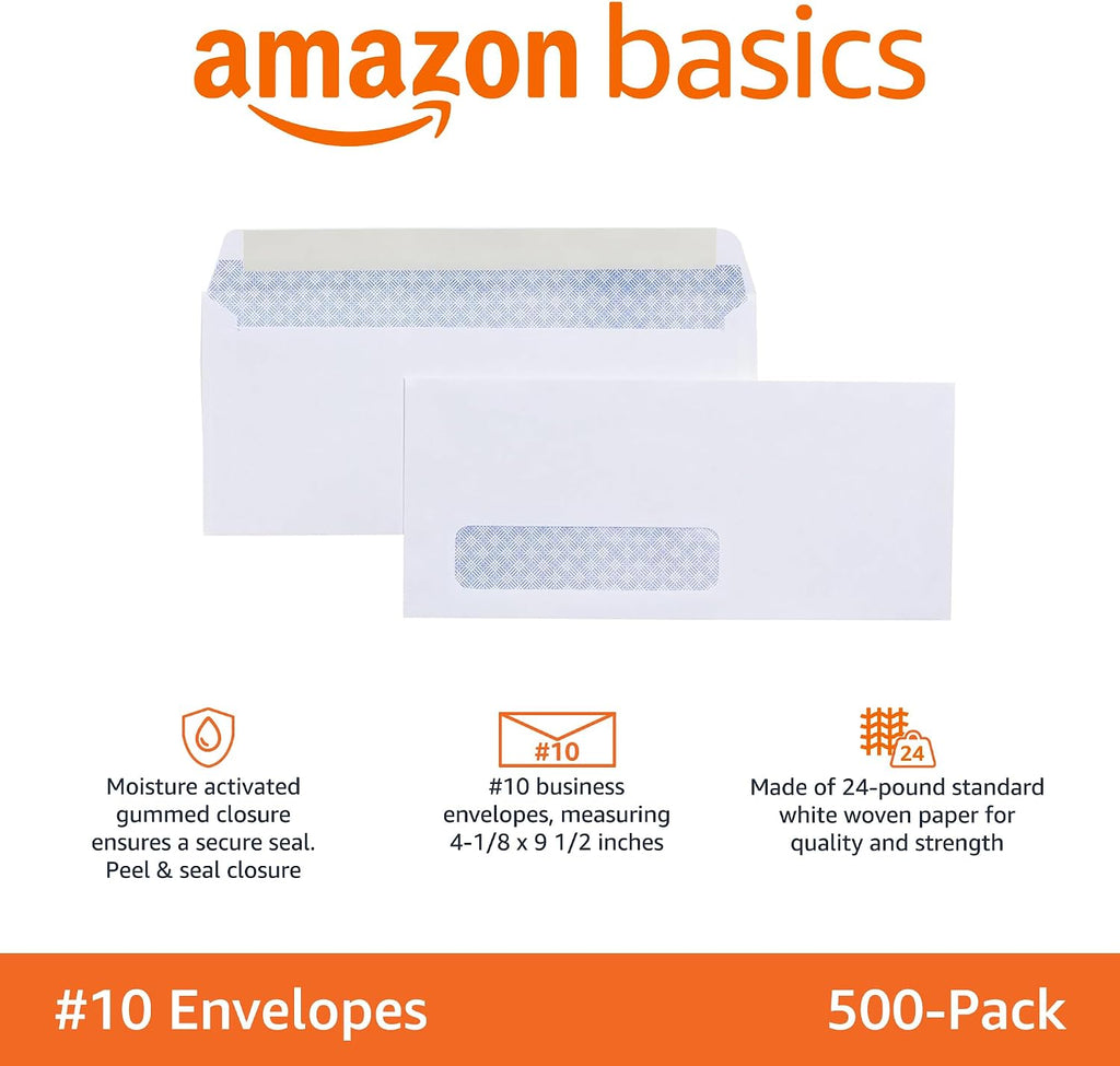 #10 Security-Tinted Self-Seal Business Envelopes with Left Window for Invoices and Documents, White, 500-Pack