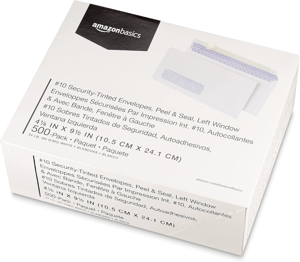 #10 Security-Tinted Self-Seal Business Envelopes with Left Window for Invoices and Documents, White, 500-Pack