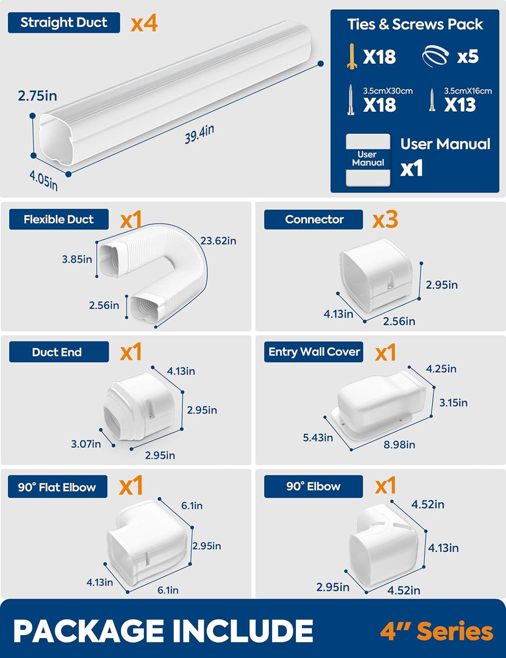 Mini Split Line Set Cover with Flexible Duct, 4" 16Ft, White | Long Ducts, Fewer Joints, Protective Line Hide Cover