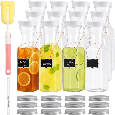 12-PCS 33oz Plastic Carafe with Lid – Clear Water Pitcher, Juice Container for Refrigerator, Mimosa Bar & Parties
