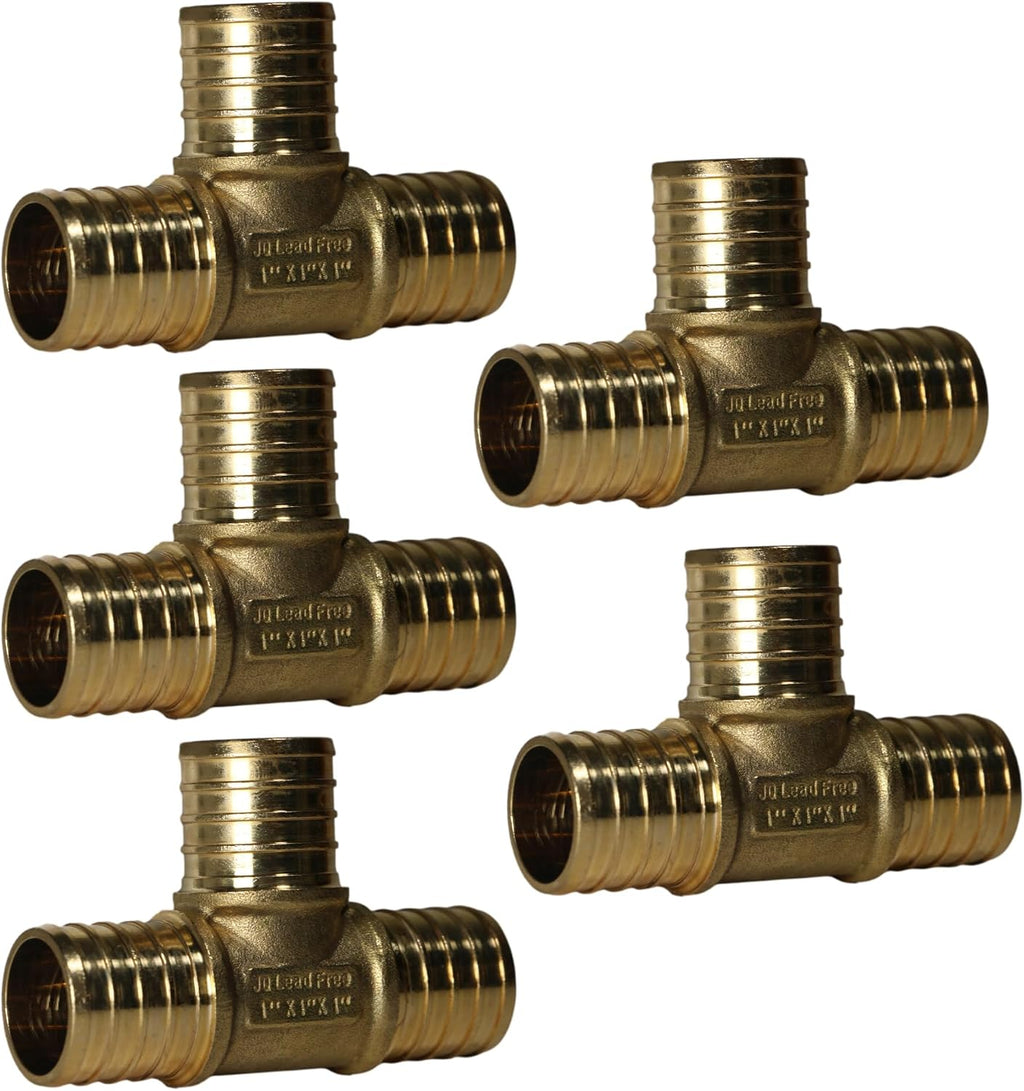 5 Pack XFITTING 1 Inch Pex Tee, 1" Pex B Crimp Tee, Brass