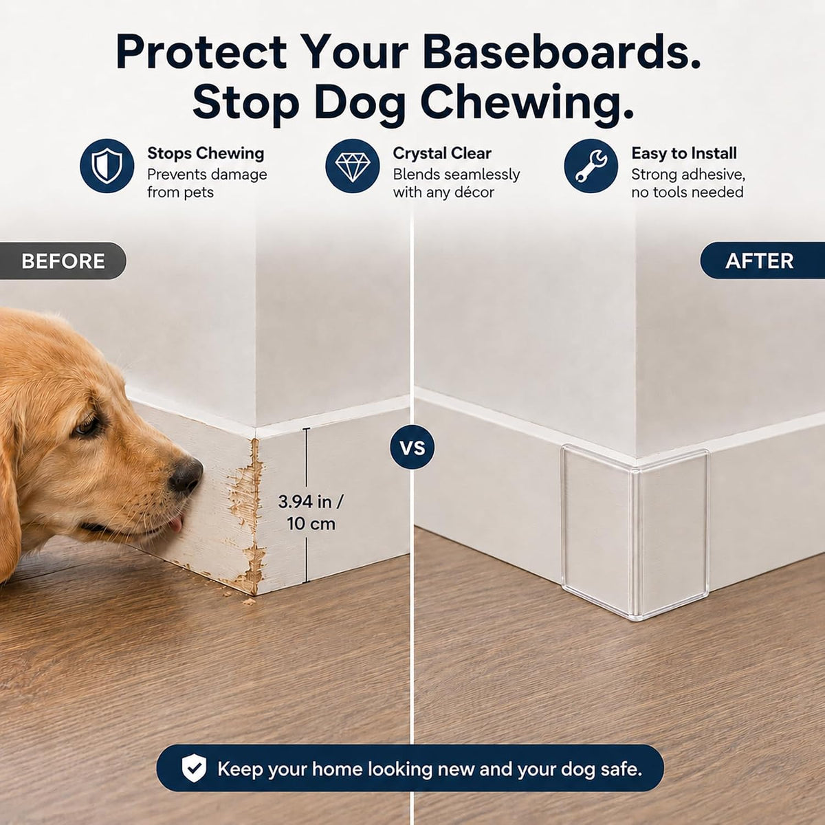 Corner Protectors Dog Chewing:6-Pack 4-Inch Clear L-Shaped Hard PC Baseboard Corner Guards, Peel and Stick Wall