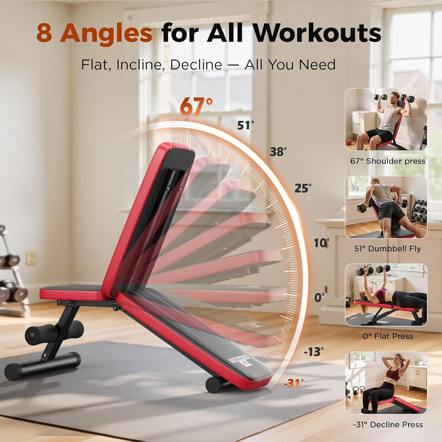 Adjustable Weight Bench for Home Gym, 660LBS Capacity Workout Bench with 8 Backrests for Chest Shoulders Arms
