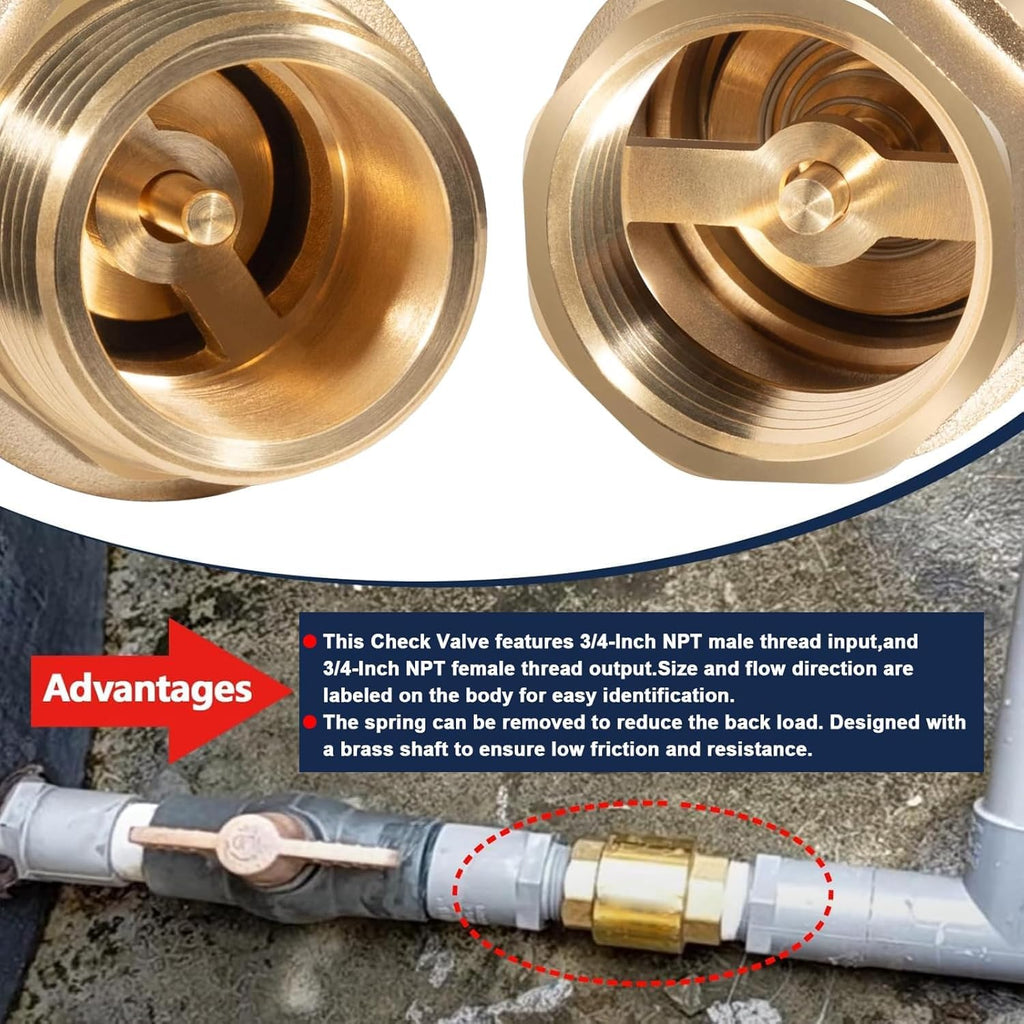 2 Pcs 3/4 NPT Thread Spring Check Valve, Brass Non Return One Way Valve Horizontal Vertical Inline Water Spring Check Valve for Well, Pump, Tank, Backflow Prevention 2 Pack