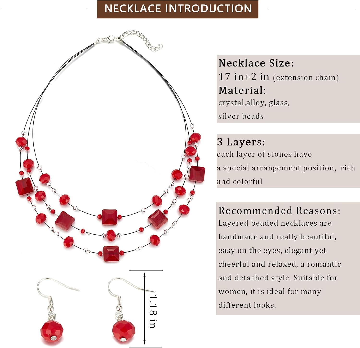 Layered Silver Beaded Necklace for Women Square Crystal Beads Statement Collar Necklace and Earrings Fashion Costumes