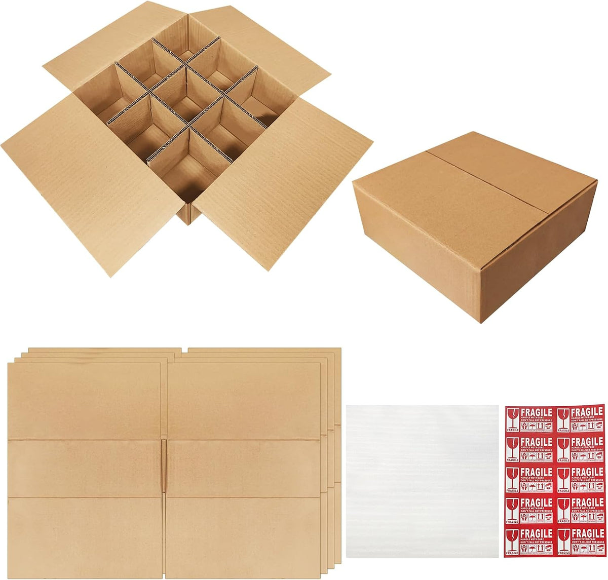 12.5 x 12.5 x 4.5 Inches Glassware Dish Packing Boxes, 4 Sets Moving Boxes With Divider Kits, Includes 16 Corrugated